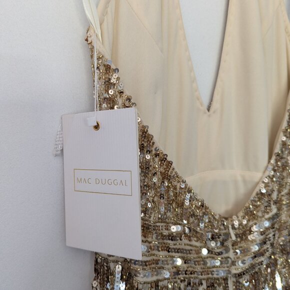 Mac Duggal Embellished Sequined Halter Strap Trumpet Gown Gold Nude Size 2 NWT - Picture 4 of 14